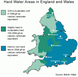 A map showing statistics on Hard Water across England and Wales.